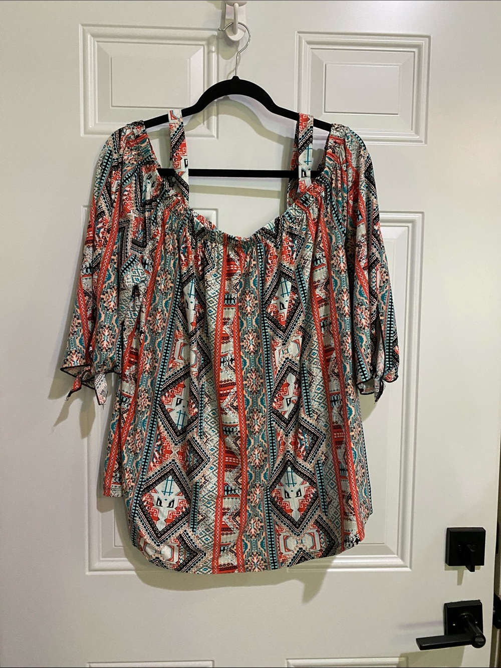 Bobbie Brooks Coral, Teal & Cream Printed Off-Shoulder Tunic